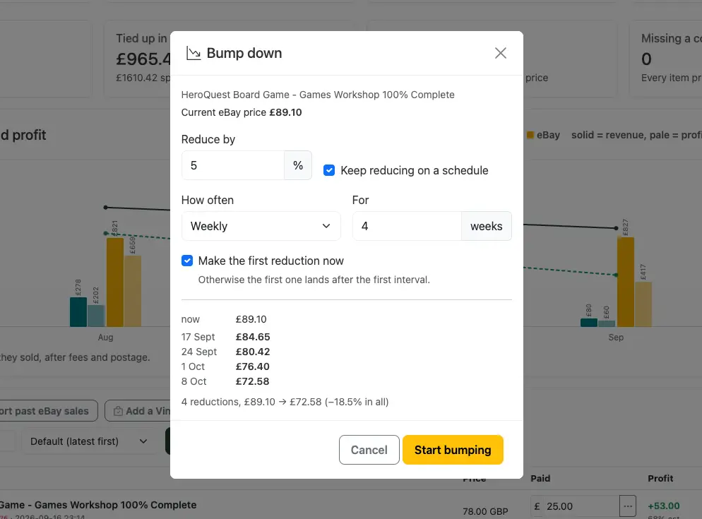 RoundLemon Bump Down schedule showing weekly eBay price reductions