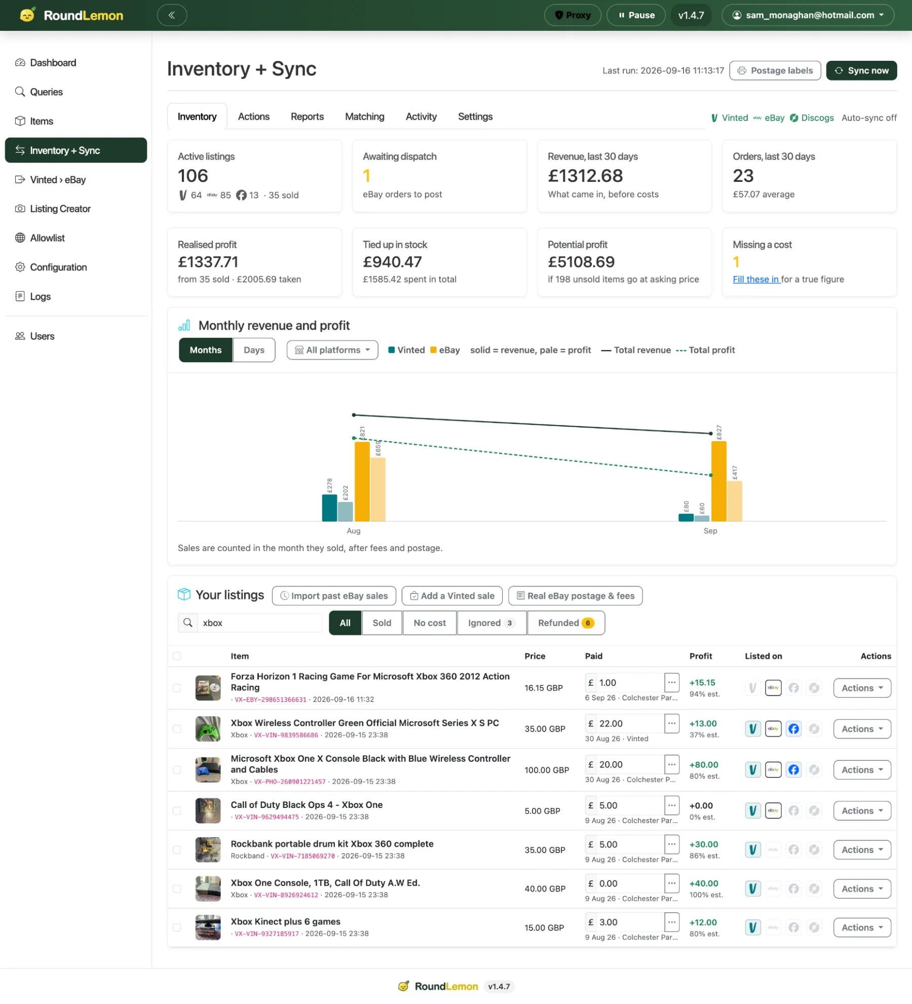 RoundLemon inventory showing items and marketplace listing status