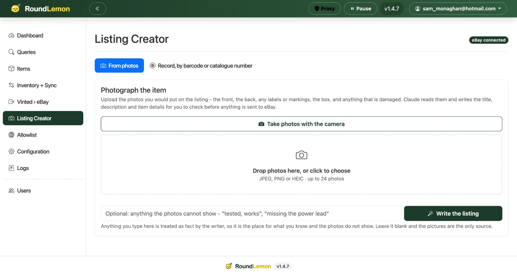 Listing Creator generating product copy from photographs