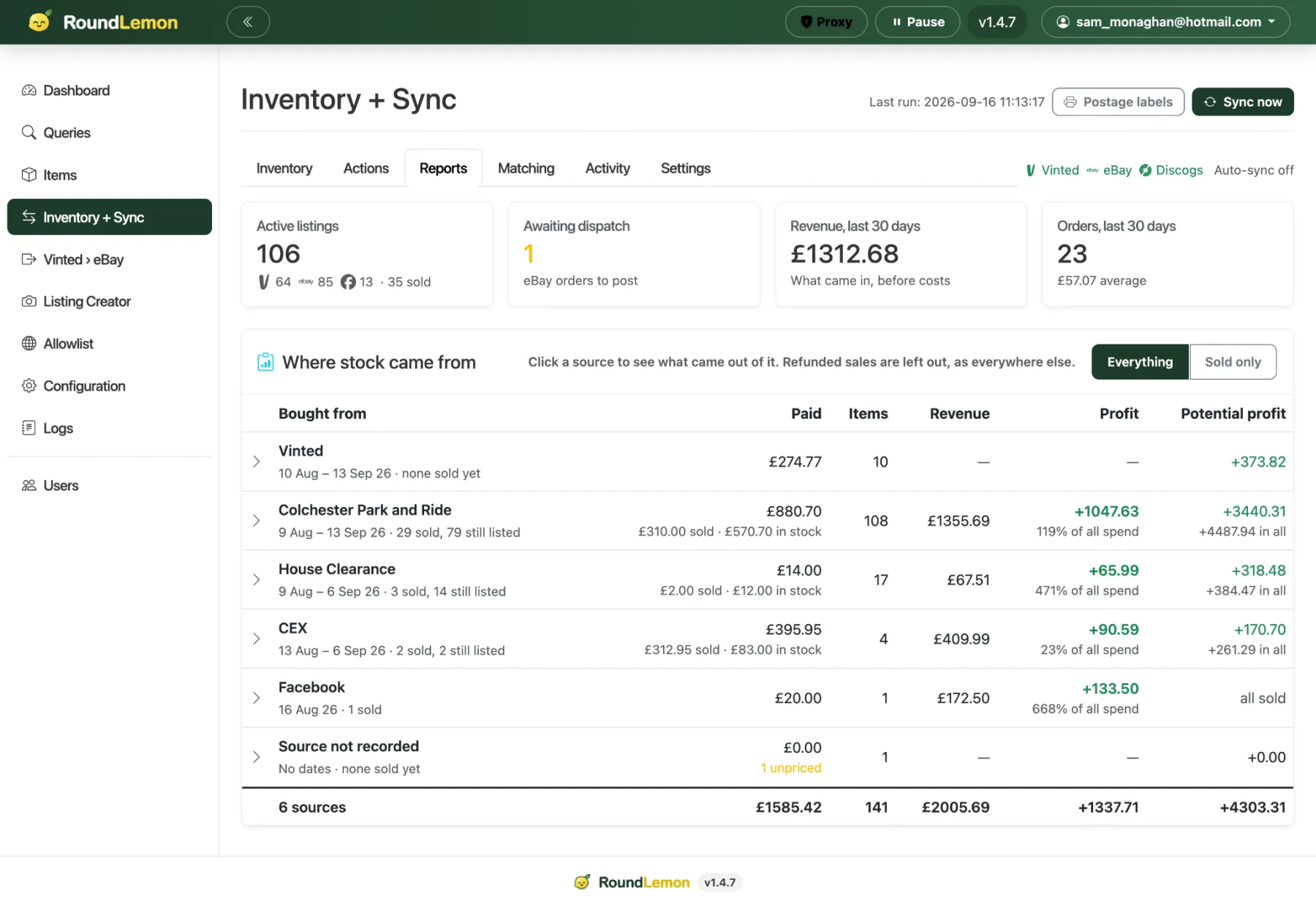 RoundLemon profit reporting by stock source